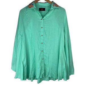 Sailor Embroidered Boho Top Batwing Button Front Floral Rayon Size Small